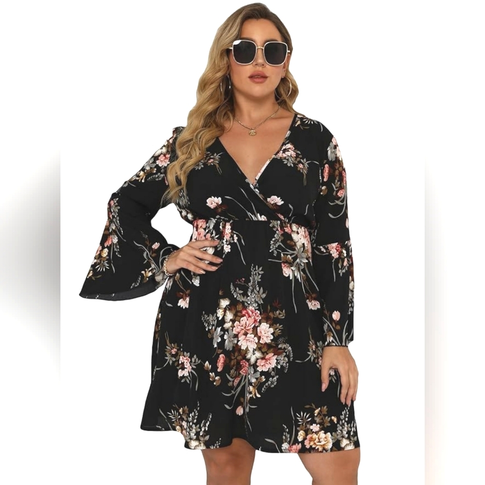 SHEIN CURVE Floral Print Surplice Neckline Dress NWOT